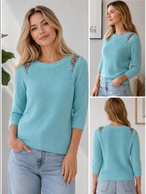 Embellished Turquiose Sweater Beaded Rich Girl Starter Pack Quiet Luxury